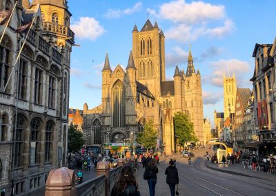 Die drei Türme von Gent im Sonnenuntergang